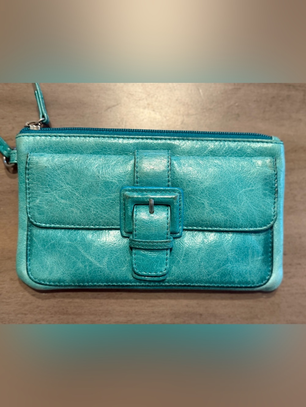 HOBO International Turquoise Leather Wristlet Wallet Y2K Teal Buckle Mini Bag
